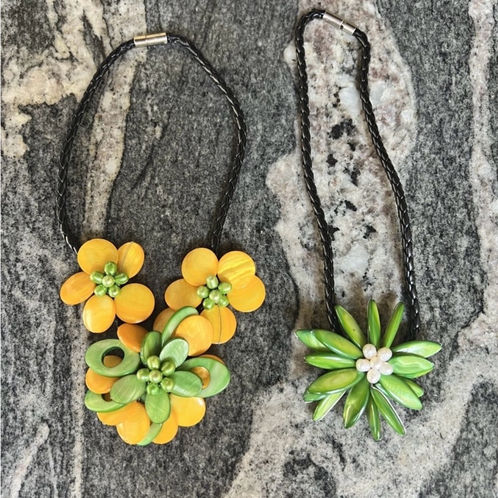 Vintage Floral Necklaces - Yellow and Green. Set of 2
